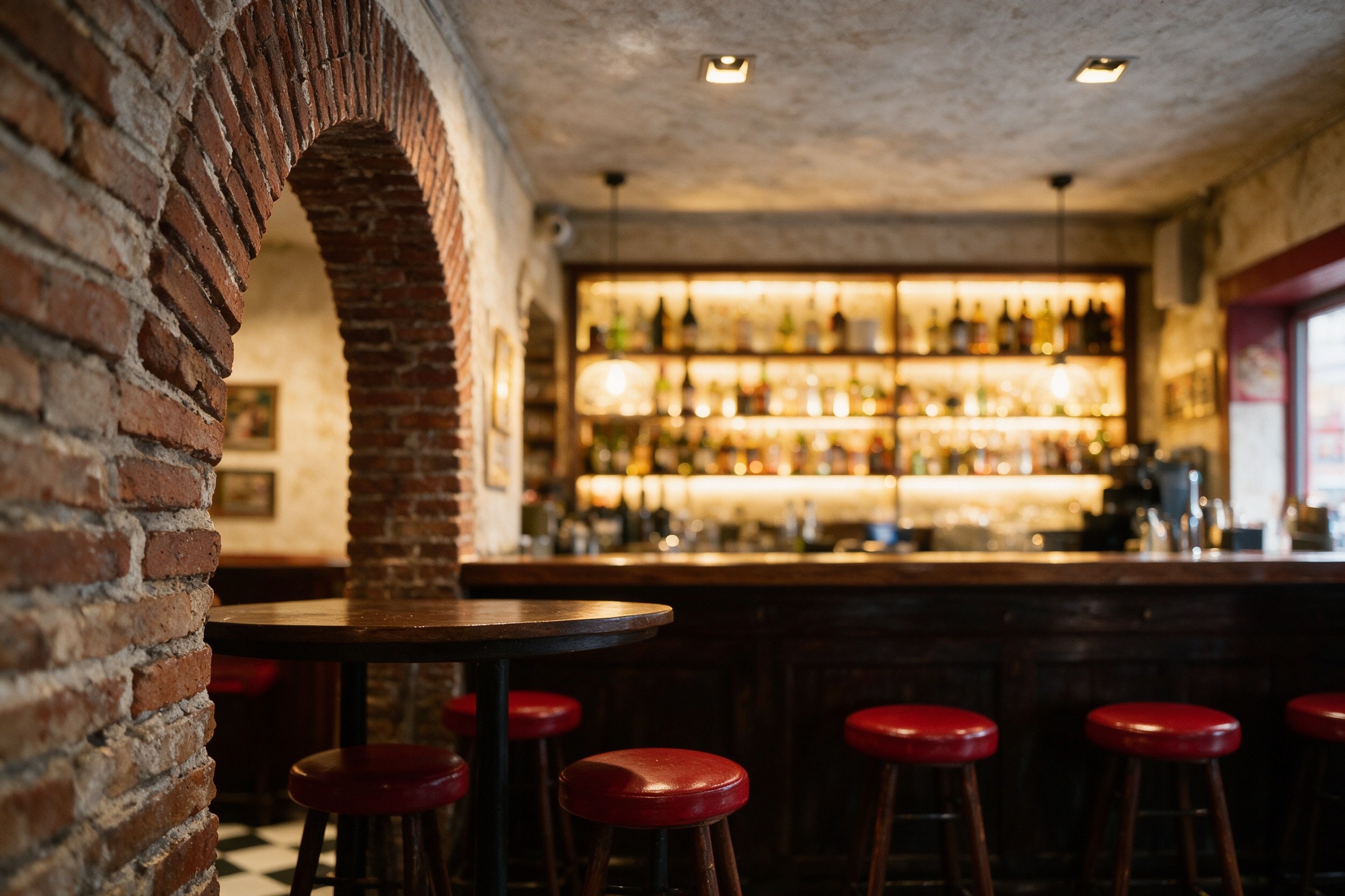 Interior rústico de taberna con arcos de ladrillo visto y barra iluminada de botellas