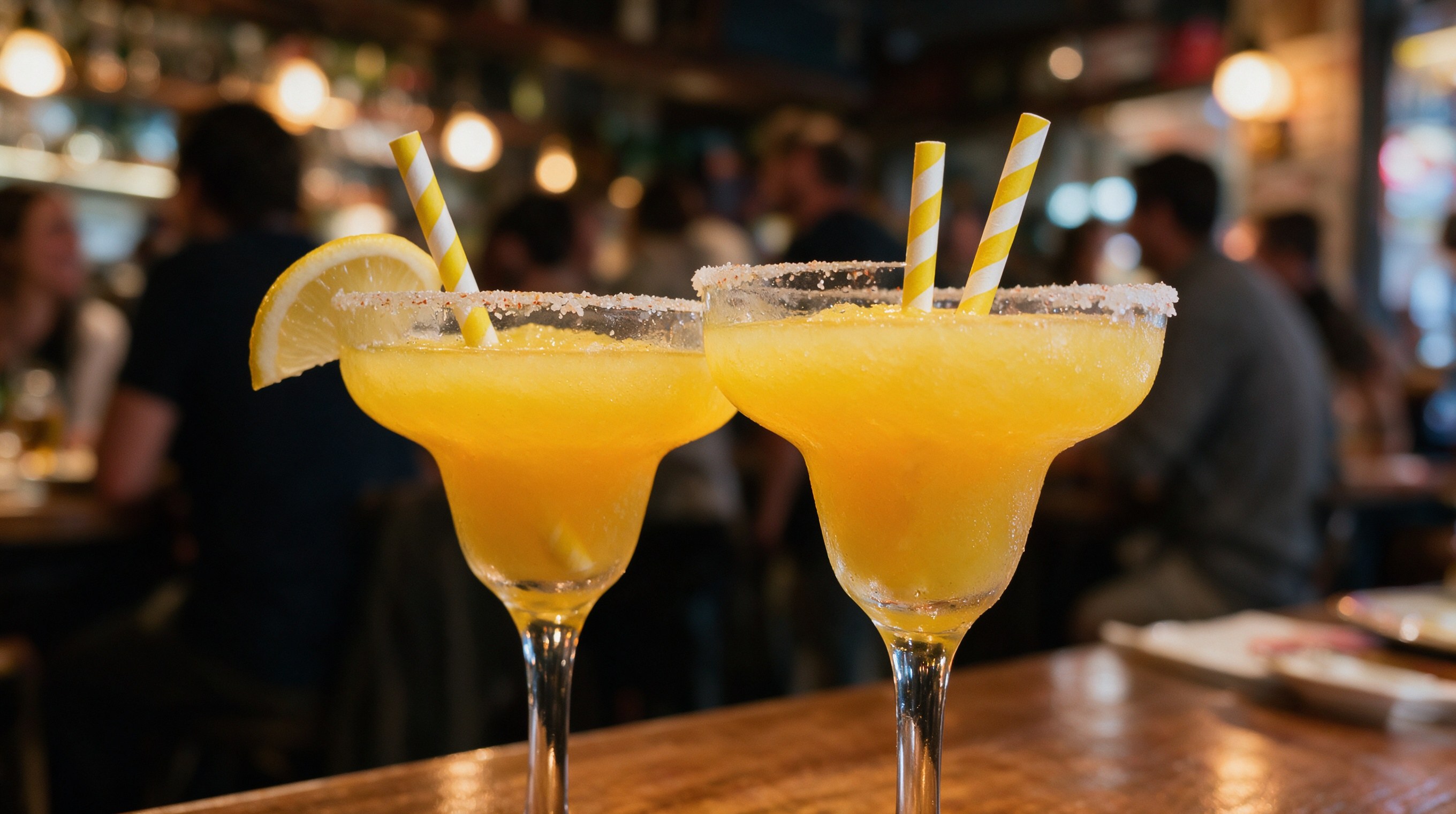 Dos margaritas heladas con limón brindando en la barra con luces de taberna al fondo