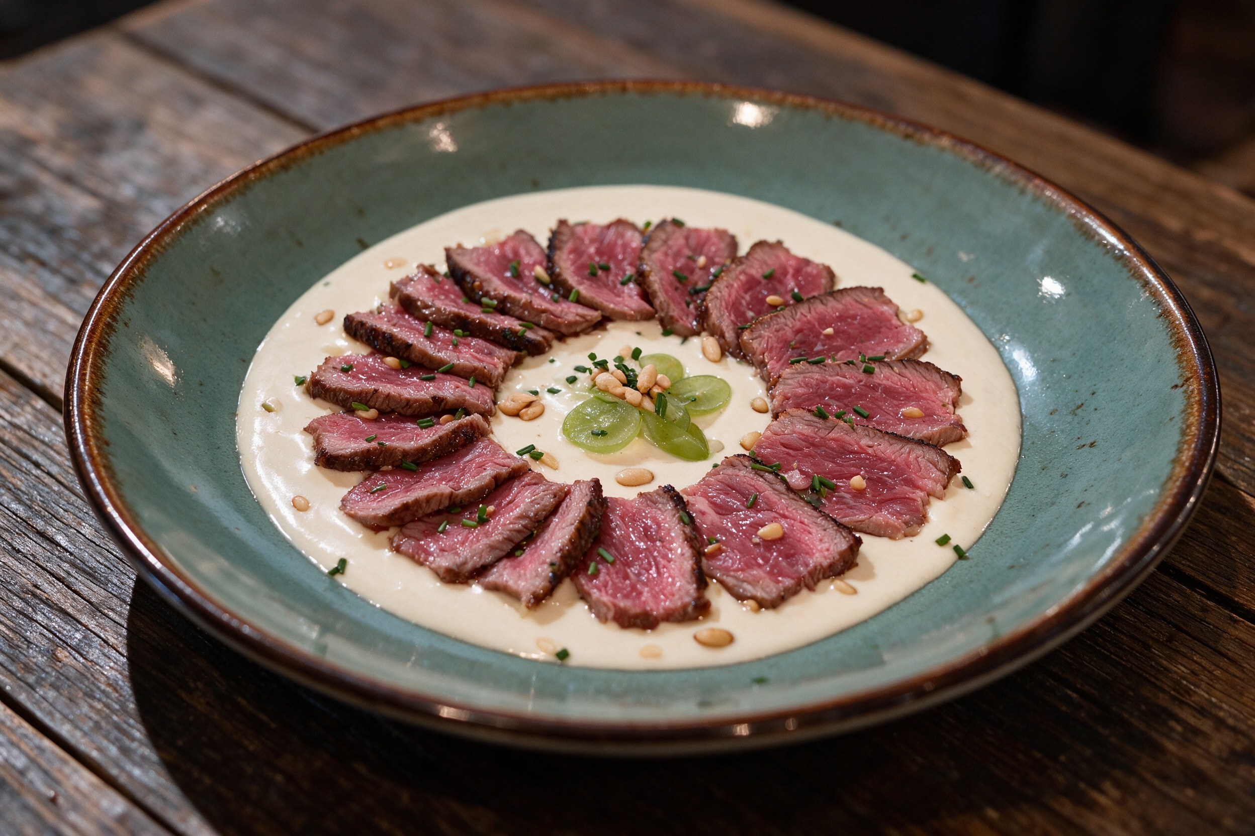 Tataki de atún rojo laminado sobre salsa cremosa en plato verde