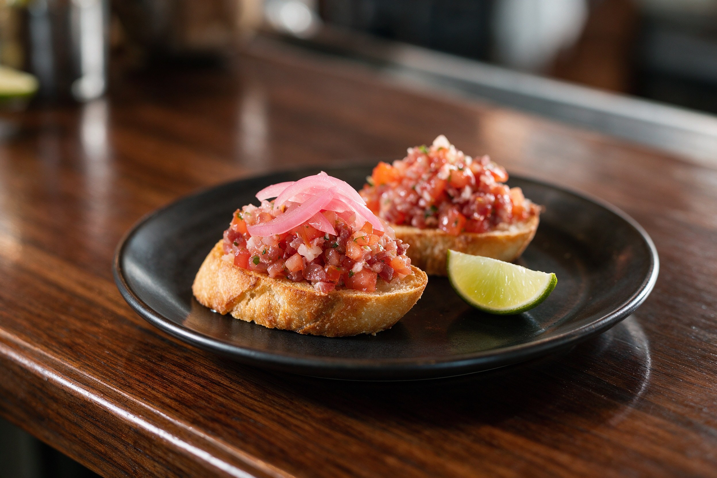 Tosta de atún trufada con cebolla encurtida y lima en plato negro