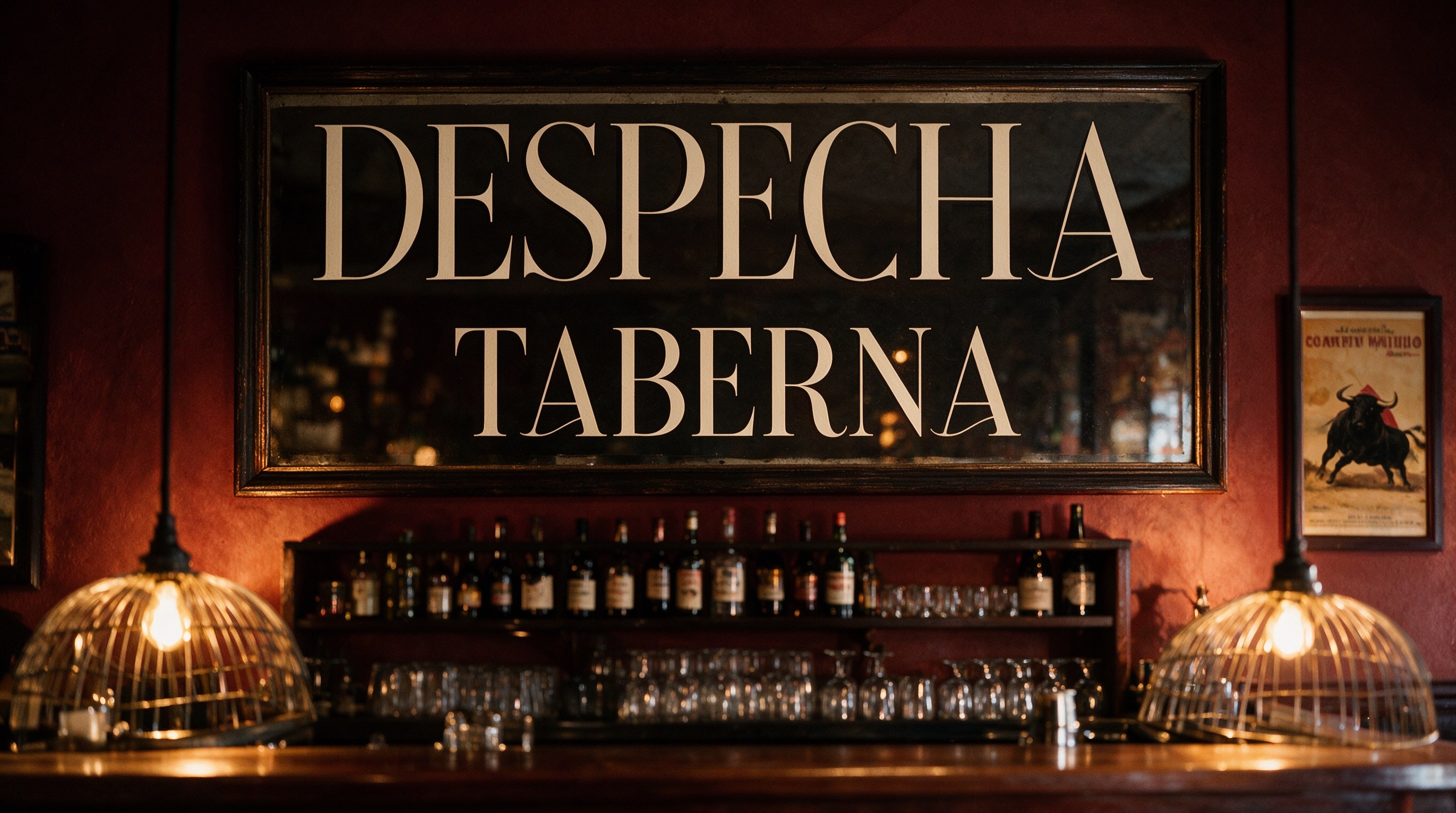 Pared roja con el rótulo DESPECHA TABERNA sobre la barra de una taberna animada del SoHo